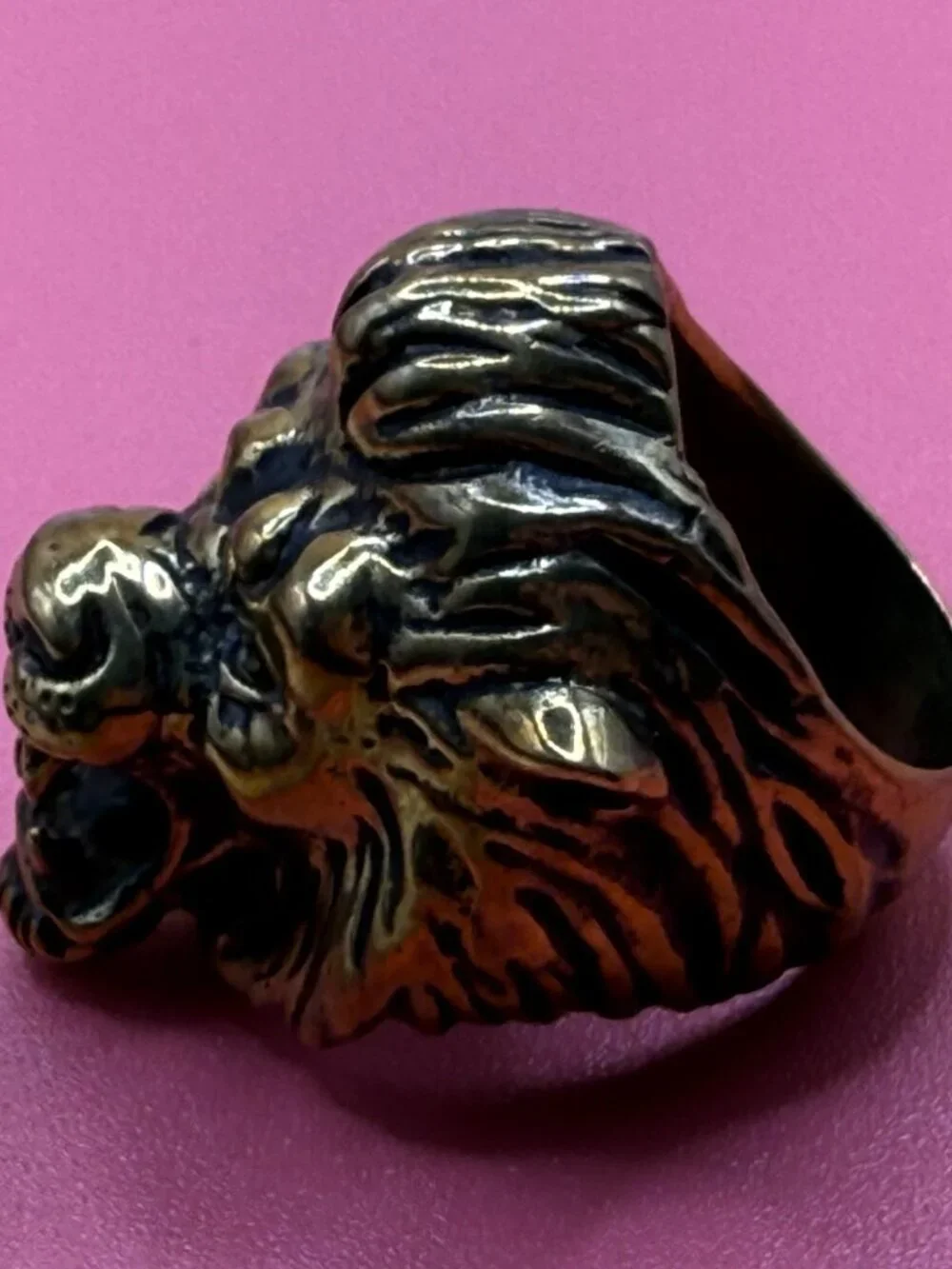 Huge Vintage Artist Made Solid Bronze Lion Head Ring